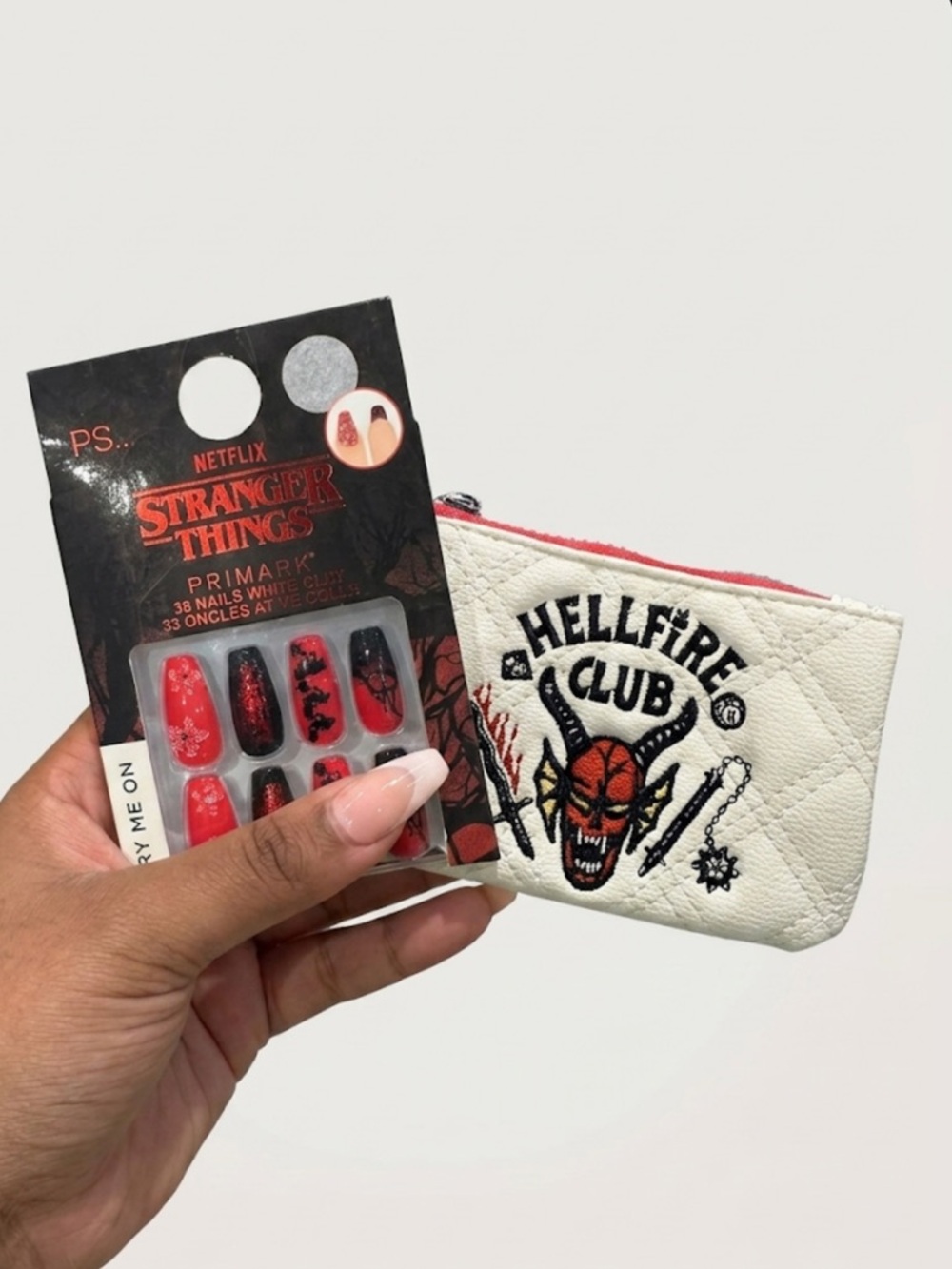Stranger Things x Primark Red False Nails + Hellfire Club White Coin Pouch